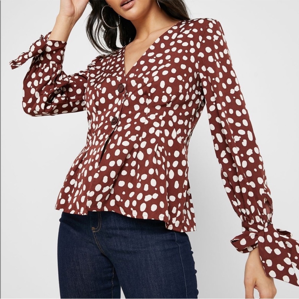 Vero Moda Women's S Chocolate Brown Spotted V-Neck Blouse Bow Tie Sleeve Cuffs